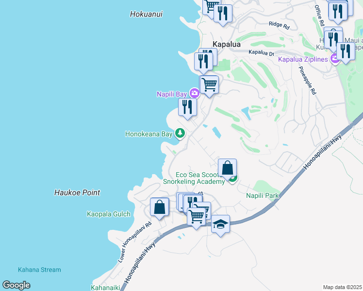 map of restaurants, bars, coffee shops, grocery stores, and more near 5255 Lower Honoapiilani Road in Lahaina