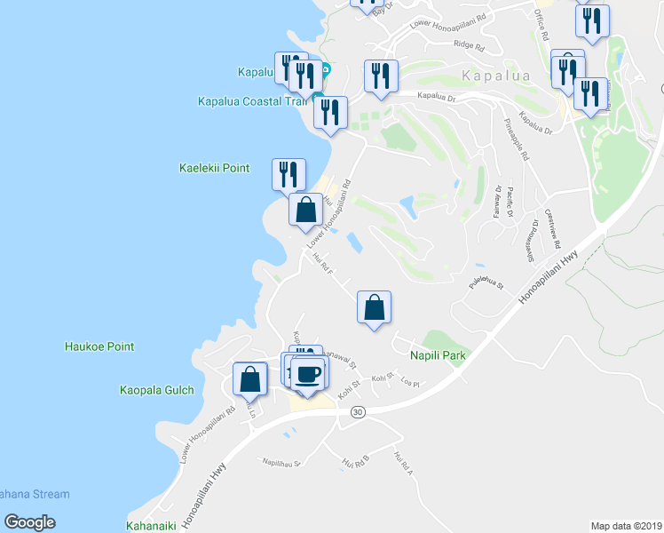 map of restaurants, bars, coffee shops, grocery stores, and more near 41 Wena Place in Lahaina