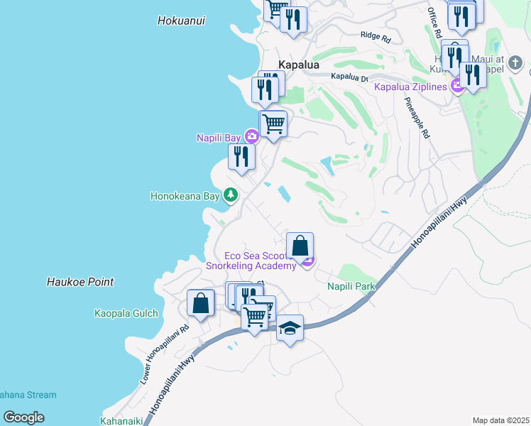 map of restaurants, bars, coffee shops, grocery stores, and more near 43 Wena Place in Lahaina