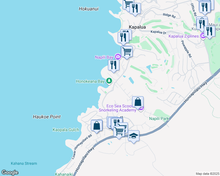 map of restaurants, bars, coffee shops, grocery stores, and more near 5255 Lower Honoapiilani Road in Lahaina