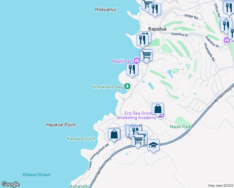 map of restaurants, bars, coffee shops, grocery stores, and more near 43 Papaua Place in Lahaina