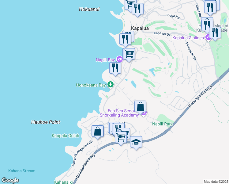 map of restaurants, bars, coffee shops, grocery stores, and more near 5271 Lower Honoapiilani Road in Lahaina
