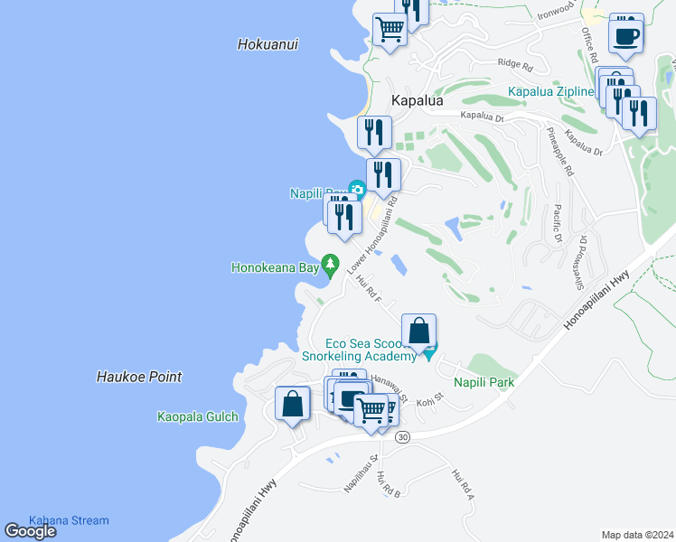 map of restaurants, bars, coffee shops, grocery stores, and more near 5295 Lower Honoapiilani Road in Lahaina