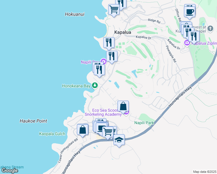 map of restaurants, bars, coffee shops, grocery stores, and more near 5320 Lower Honoapiilani Road in Lahaina