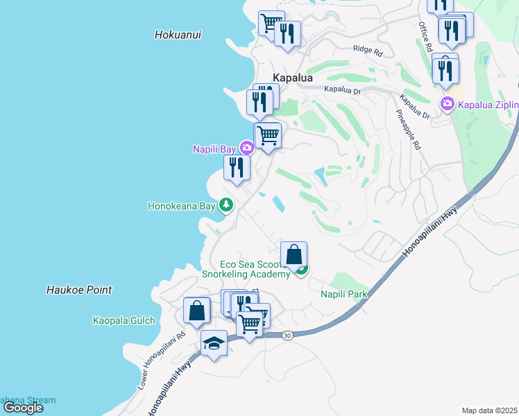 map of restaurants, bars, coffee shops, grocery stores, and more near 5332 Lower Honoapiilani Road in Lahaina