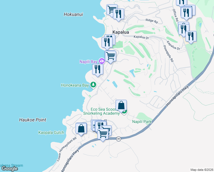 map of restaurants, bars, coffee shops, grocery stores, and more near 5320 Lower Honoapiilani Road in Lahaina