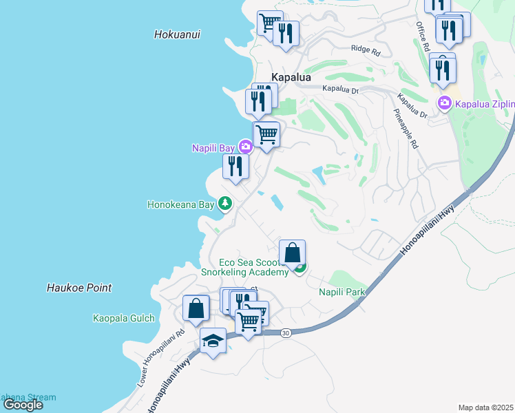 map of restaurants, bars, coffee shops, grocery stores, and more near 5332 Lower Honoapiilani Road in Lahaina