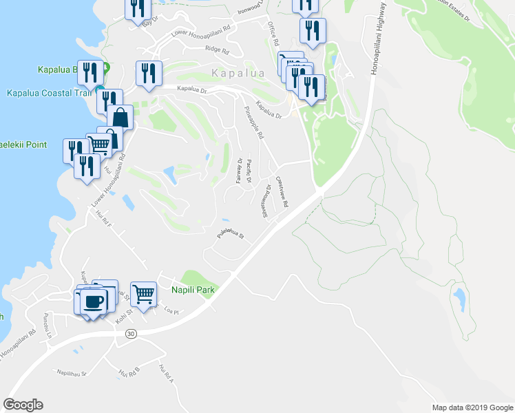 map of restaurants, bars, coffee shops, grocery stores, and more near 614 Silversword Drive in Lahaina