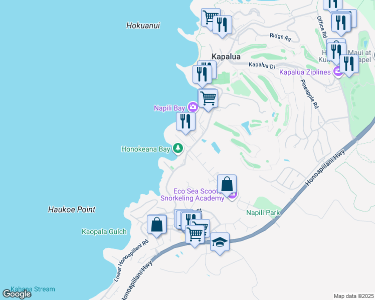 map of restaurants, bars, coffee shops, grocery stores, and more near 5295 Lower Honoapiilani Road in Lahaina