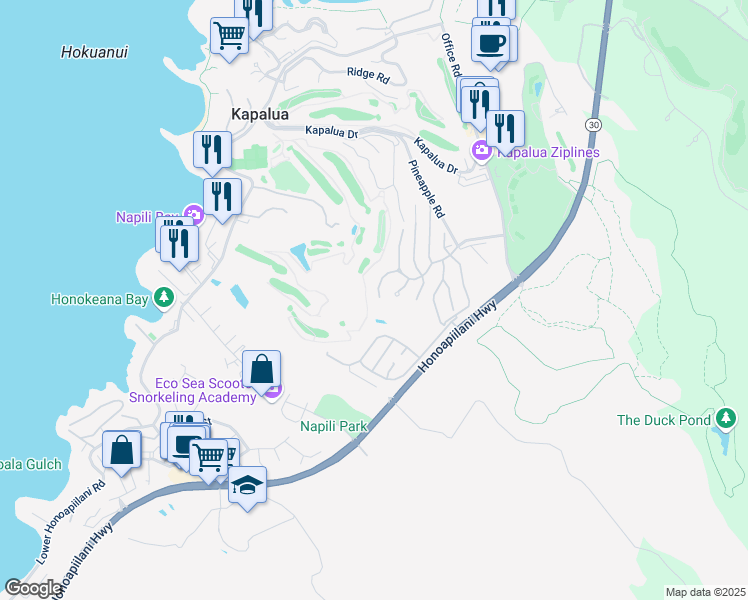 map of restaurants, bars, coffee shops, grocery stores, and more near 1216 Summer Road in Lahaina