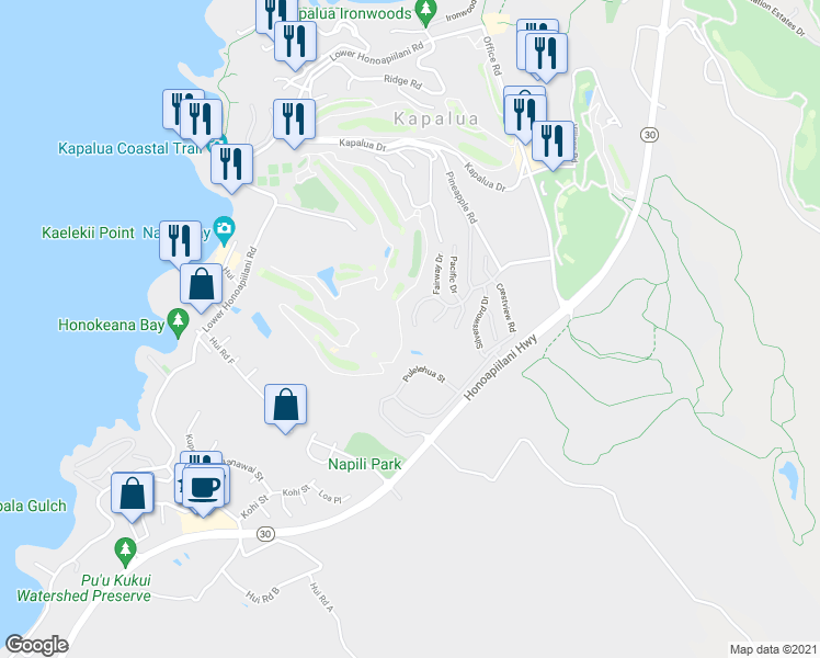 map of restaurants, bars, coffee shops, grocery stores, and more near 1216 Summer Road in Lahaina