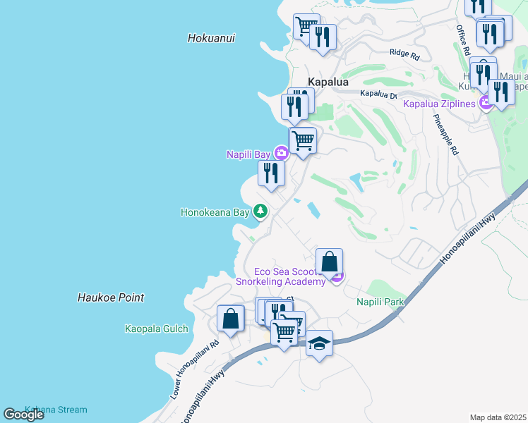 map of restaurants, bars, coffee shops, grocery stores, and more near 5271 Lower Honoapiilani Road in Lahaina