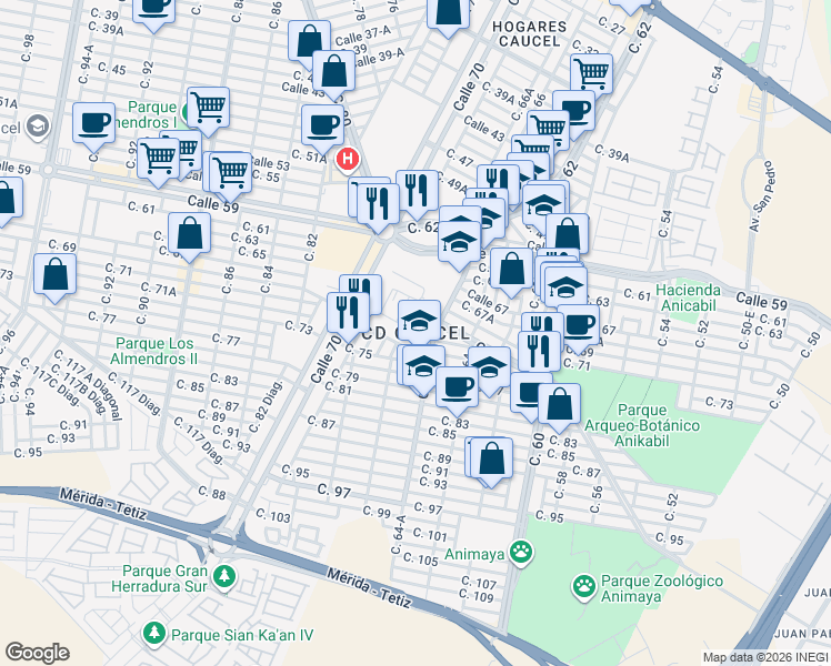 map of restaurants, bars, coffee shops, grocery stores, and more near in Mérida