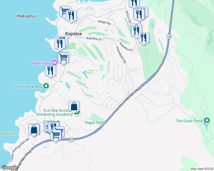 map of restaurants, bars, coffee shops, grocery stores, and more near 1214 Summer Road in Lahaina