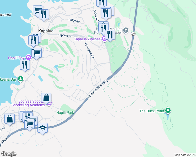map of restaurants, bars, coffee shops, grocery stores, and more near 210 Crestview Road in Lahaina