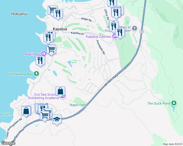 map of restaurants, bars, coffee shops, grocery stores, and more near 1004 Sunset Drive in Lahaina