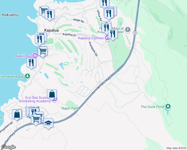 map of restaurants, bars, coffee shops, grocery stores, and more near 612 Silversword Drive in Lahaina