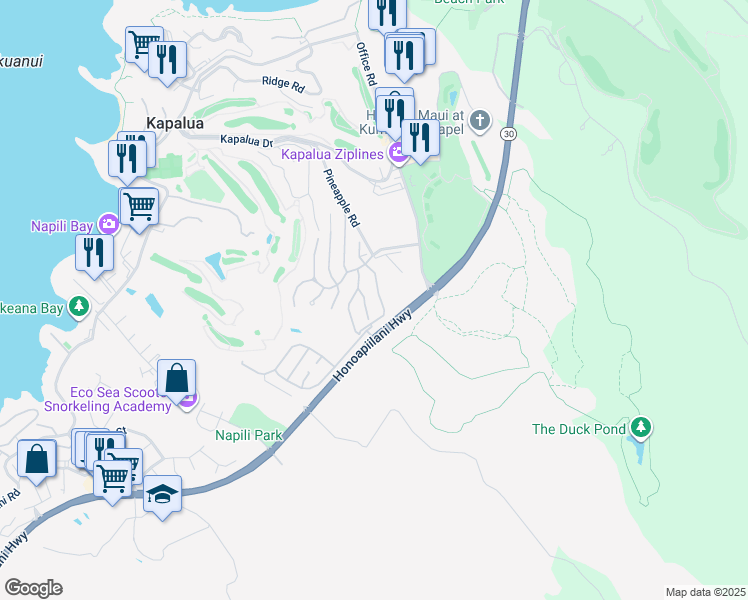 map of restaurants, bars, coffee shops, grocery stores, and more near 210 Crestview Road in Lahaina