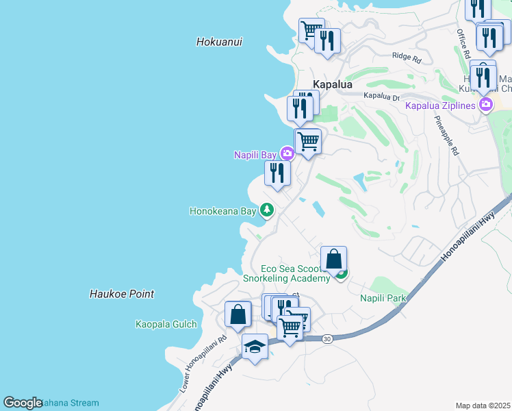 map of restaurants, bars, coffee shops, grocery stores, and more near 5295 Lower Honoapiilani Road in Lahaina