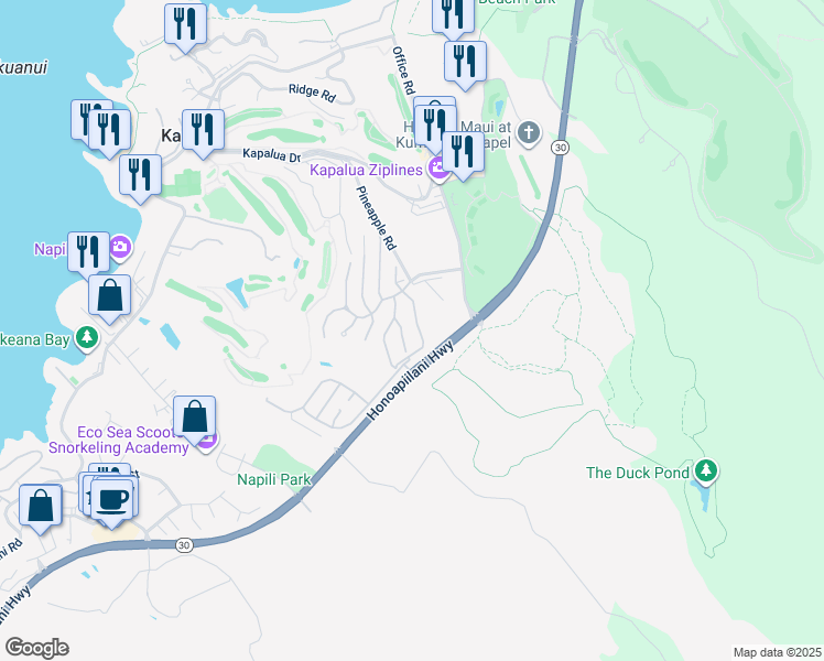 map of restaurants, bars, coffee shops, grocery stores, and more near 210 Crestview Road in Lahaina