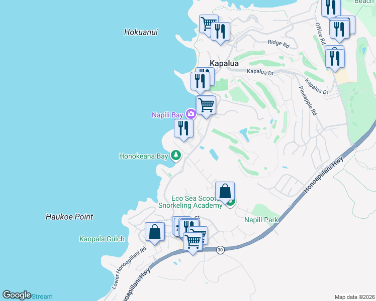 map of restaurants, bars, coffee shops, grocery stores, and more near in Napili-Honokowai