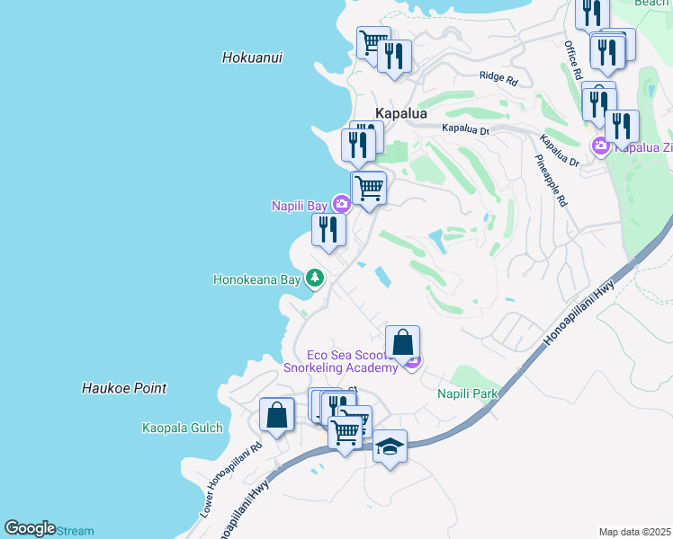 map of restaurants, bars, coffee shops, grocery stores, and more near 5315 Lower Honoapiilani Road in Lahaina