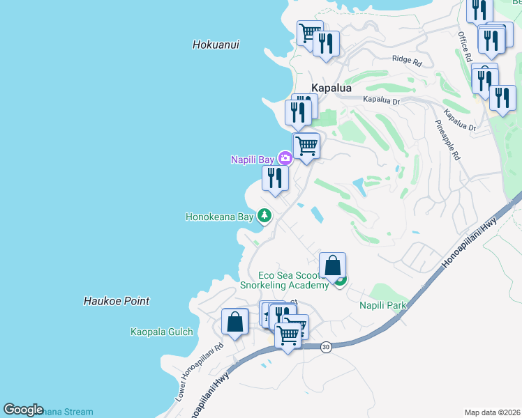 map of restaurants, bars, coffee shops, grocery stores, and more near 5290 Lower Honoapiilani Road in Lahaina