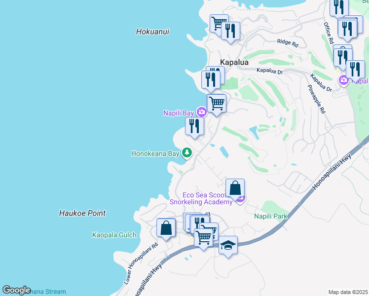 map of restaurants, bars, coffee shops, grocery stores, and more near 5295 Lower Honoapiilani Road in Lahaina