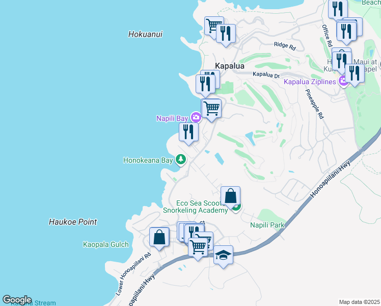 map of restaurants, bars, coffee shops, grocery stores, and more near 5315 Lower Honoapiilani Road in Lahaina