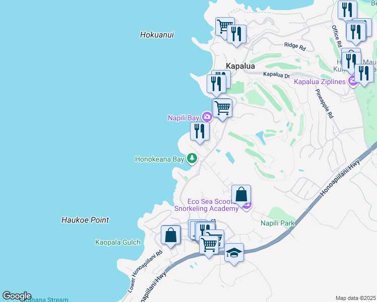 map of restaurants, bars, coffee shops, grocery stores, and more near 5290 Lower Honoapiilani Road in Lahaina