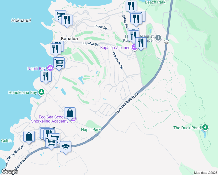 map of restaurants, bars, coffee shops, grocery stores, and more near 1004 Sunset Drive in Lahaina
