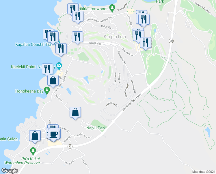map of restaurants, bars, coffee shops, grocery stores, and more near 1212 Summer Road in Lahaina