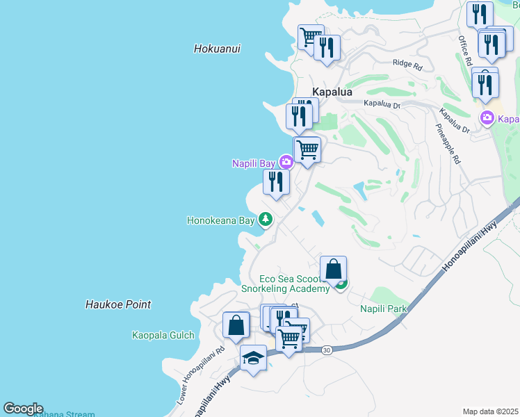 map of restaurants, bars, coffee shops, grocery stores, and more near 5290 Lower Honoapiilani Road in Lahaina