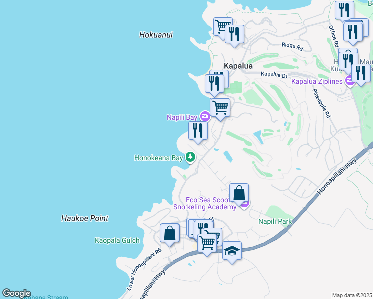 map of restaurants, bars, coffee shops, grocery stores, and more near 5295 Lower Honoapiilani Road in Lahaina