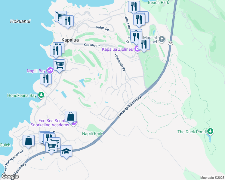 map of restaurants, bars, coffee shops, grocery stores, and more near 1004 Sunset Drive in Lahaina