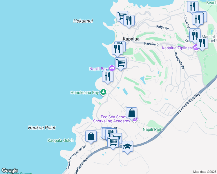 map of restaurants, bars, coffee shops, grocery stores, and more near 5315 Lower Honoapiilani Road in Lahaina