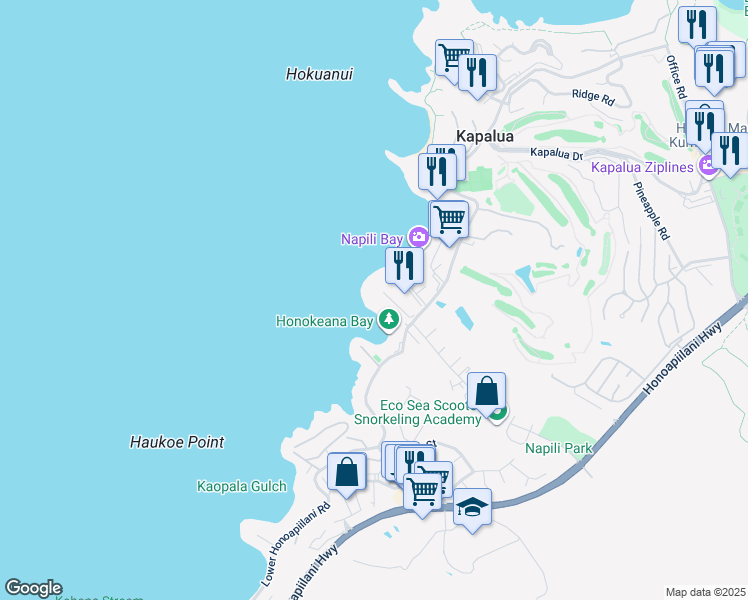 map of restaurants, bars, coffee shops, grocery stores, and more near 5295 Lower Honoapiilani Road in Lahaina