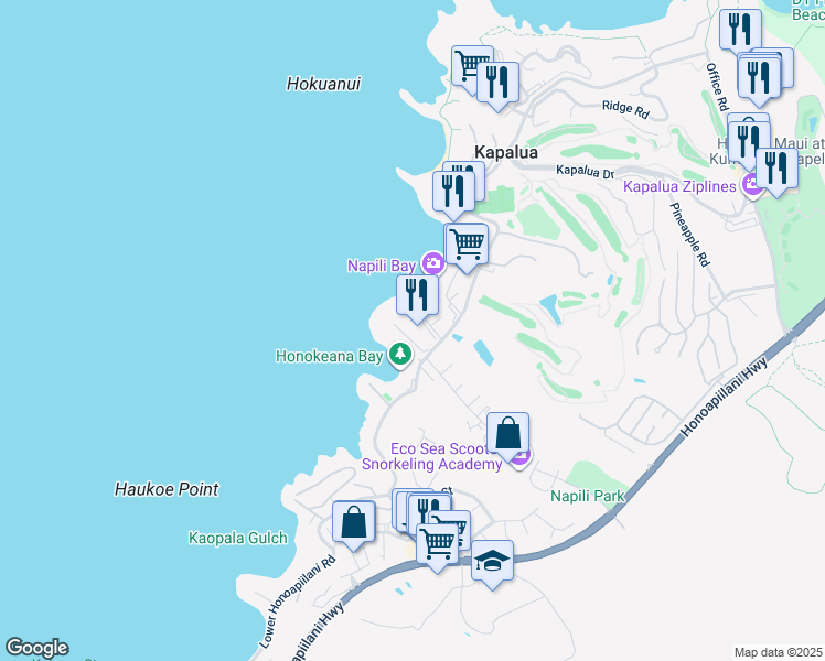 map of restaurants, bars, coffee shops, grocery stores, and more near 5315 Lower Honoapiilani Road in Lahaina