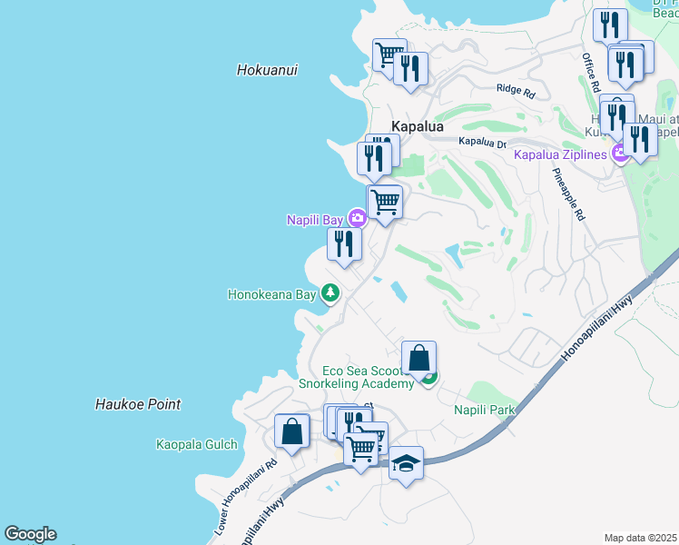 map of restaurants, bars, coffee shops, grocery stores, and more near 5315 Lower Honoapiilani Road in Lahaina