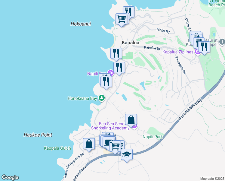 map of restaurants, bars, coffee shops, grocery stores, and more near 5335 Lower Honoapiilani Road in Lahaina