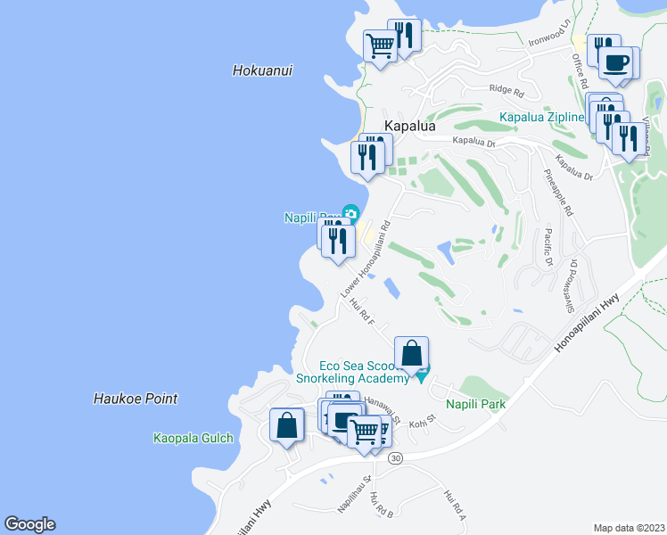 map of restaurants, bars, coffee shops, grocery stores, and more near 5315 Lower Honoapiilani Road in Lahaina