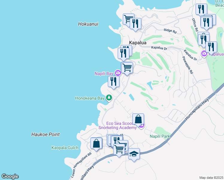 map of restaurants, bars, coffee shops, grocery stores, and more near 5315 Lower Honoapiilani Road in Lahaina