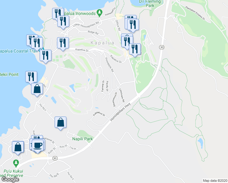 map of restaurants, bars, coffee shops, grocery stores, and more near 600 Silversword Drive in Lahaina