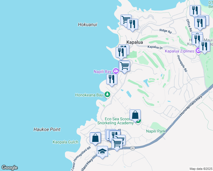 map of restaurants, bars, coffee shops, grocery stores, and more near 5315 Lower Honoapiilani Road in Lahaina