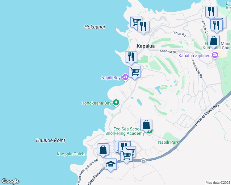 map of restaurants, bars, coffee shops, grocery stores, and more near 5315 Lower Honoapiilani Road in Lahaina