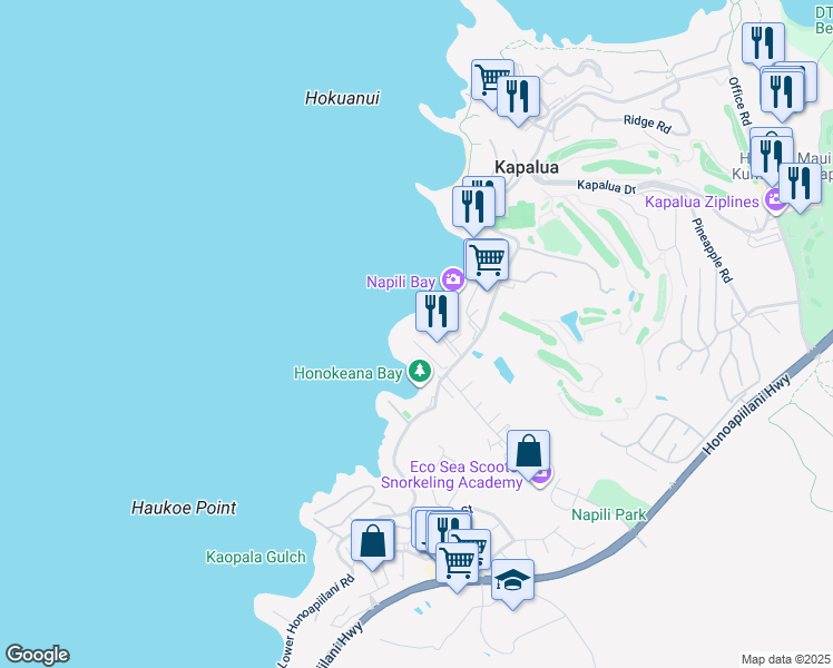 map of restaurants, bars, coffee shops, grocery stores, and more near 5315 Lower Honoapiilani Road in Lahaina