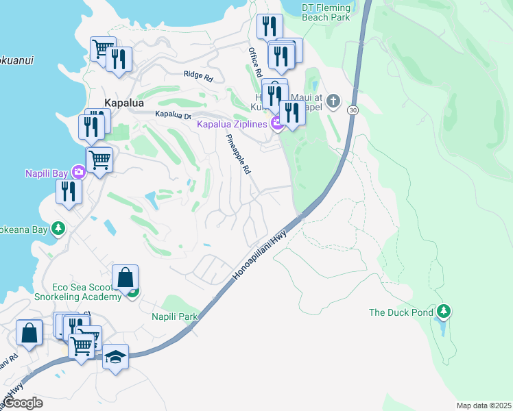 map of restaurants, bars, coffee shops, grocery stores, and more near 200 Crestview Road in Lahaina