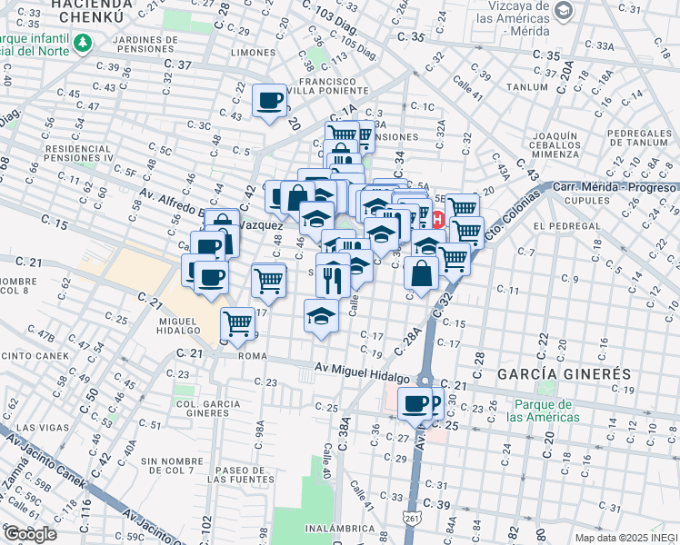 map of restaurants, bars, coffee shops, grocery stores, and more near in Mérida