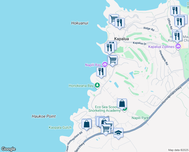 map of restaurants, bars, coffee shops, grocery stores, and more near 5315 Lower Honoapiilani Road in Lahaina