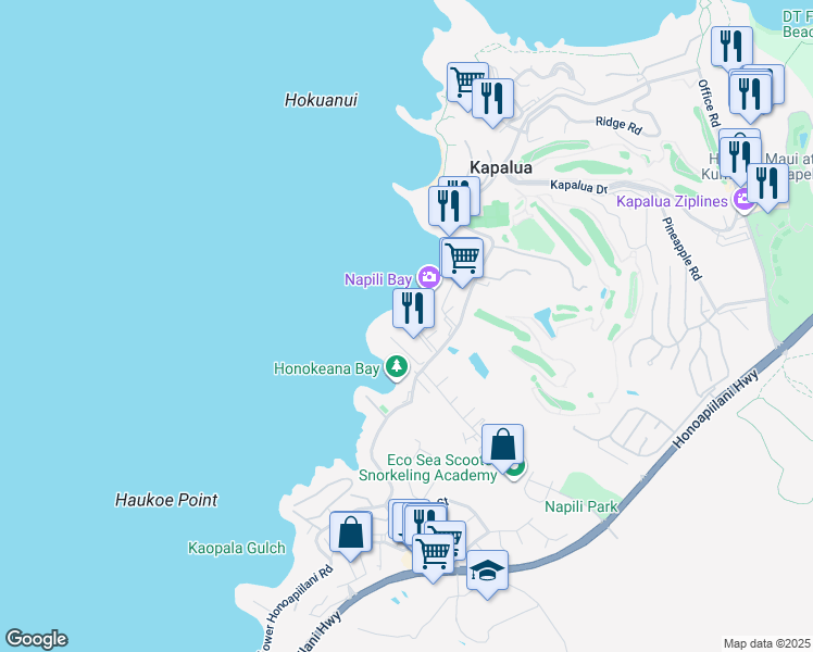 map of restaurants, bars, coffee shops, grocery stores, and more near 5315 Lower Honoapiilani Road in Lahaina
